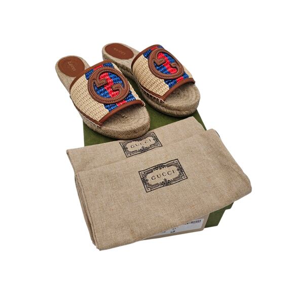 Gucci GG Adela Raffia Espadrille Slide Flat Sandal Size 37 US 7 Beige Brown Red - Picture 2 of 10